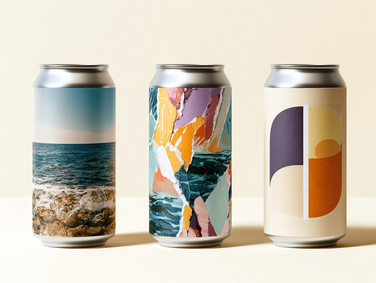 Three beer cans in a row, each wearing a completely different artwork: ocean photography, a bright torn-paper collage, and a minimal geometric design