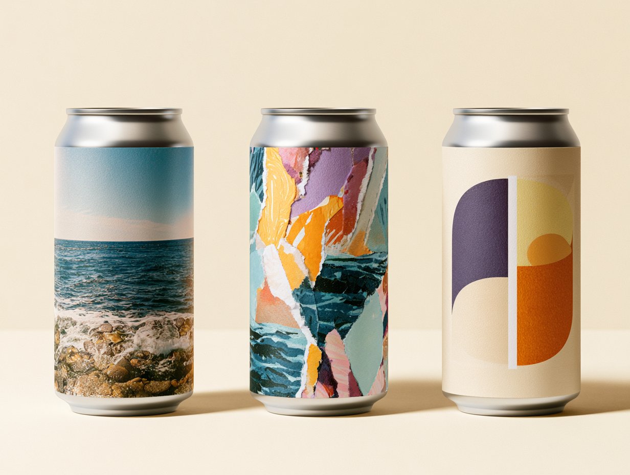 Three beer cans in a row, each wearing a completely different artwork: ocean photography, a bright torn-paper collage, and a minimal geometric design