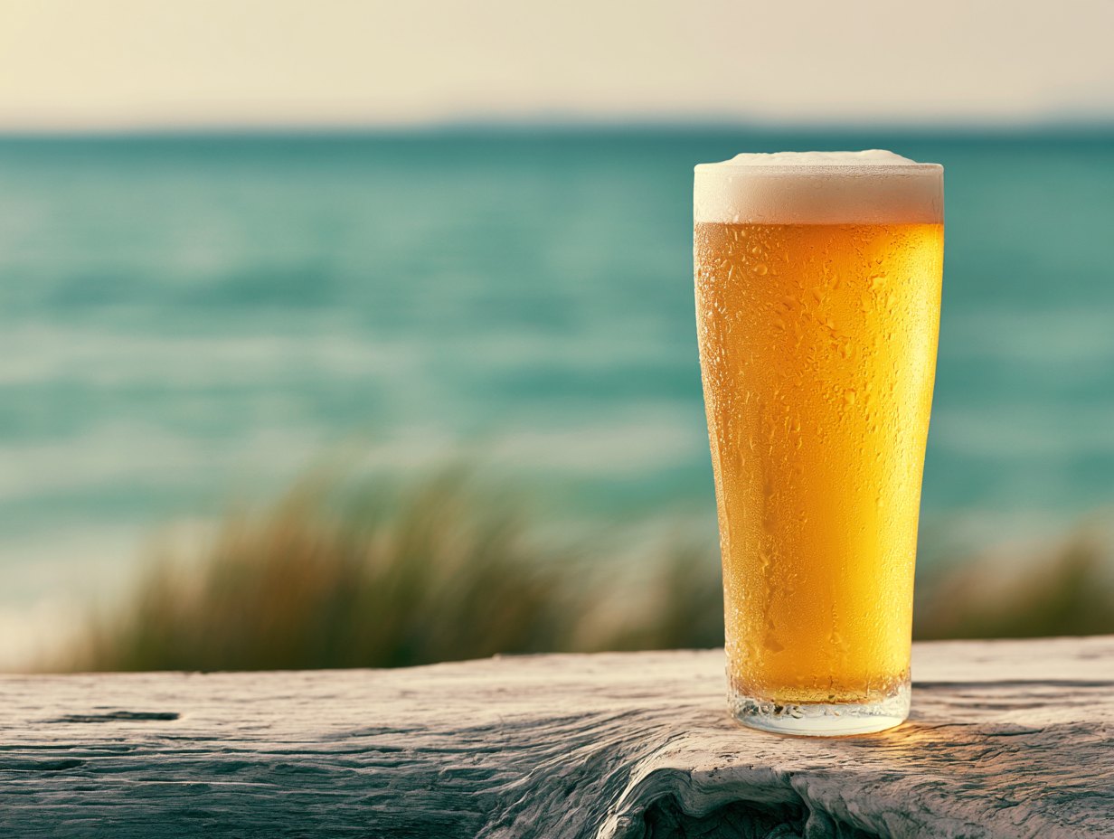 A cold glass of golden lager on driftwood, with the sea behind