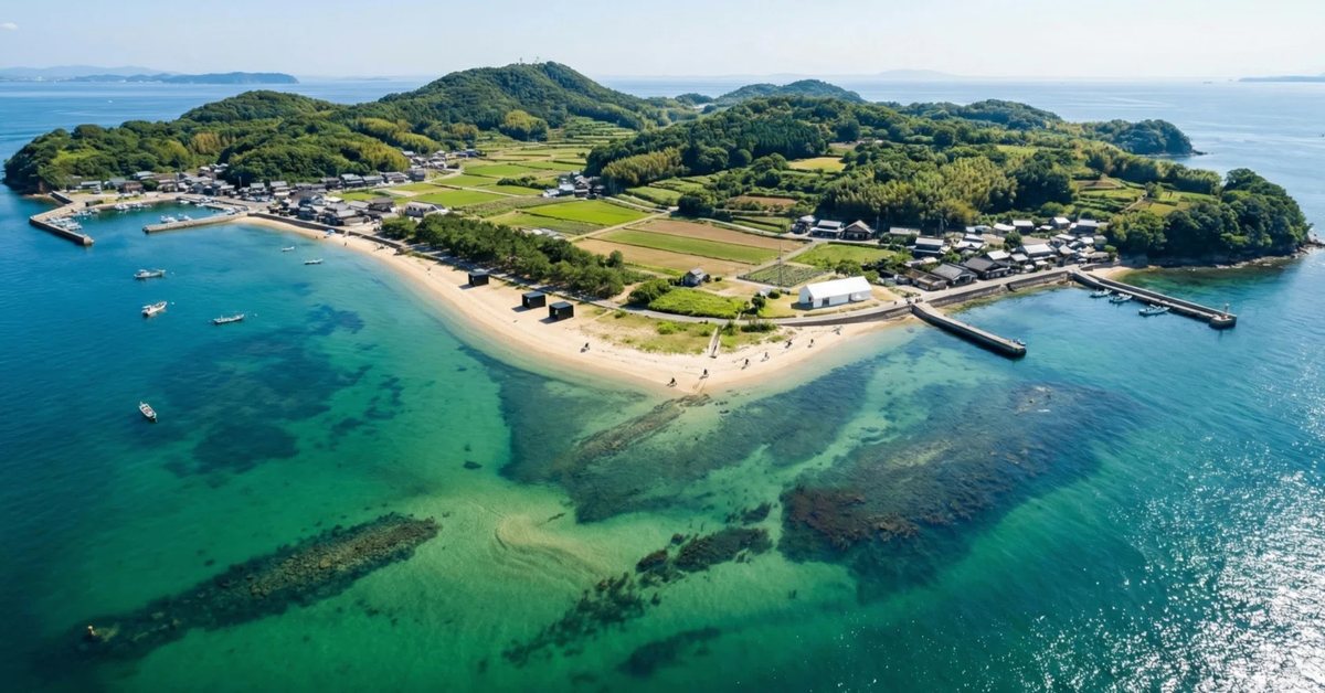 Aerial view of Sakushima island and its shallow eelgrass waters, Aichi